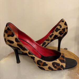 St. John Leopard Print Open Toe Red/Camel Calf Hair Heels Size 9.5